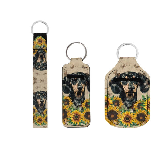 Suobstales Dachshund Butterfly Sunflower Print Chapstick Holder 1 Keychain Wristlet Lanyards 1 Mini Bottle Keychain Holder, Neoprene Travel Bottle Keychain Holders Set of 3