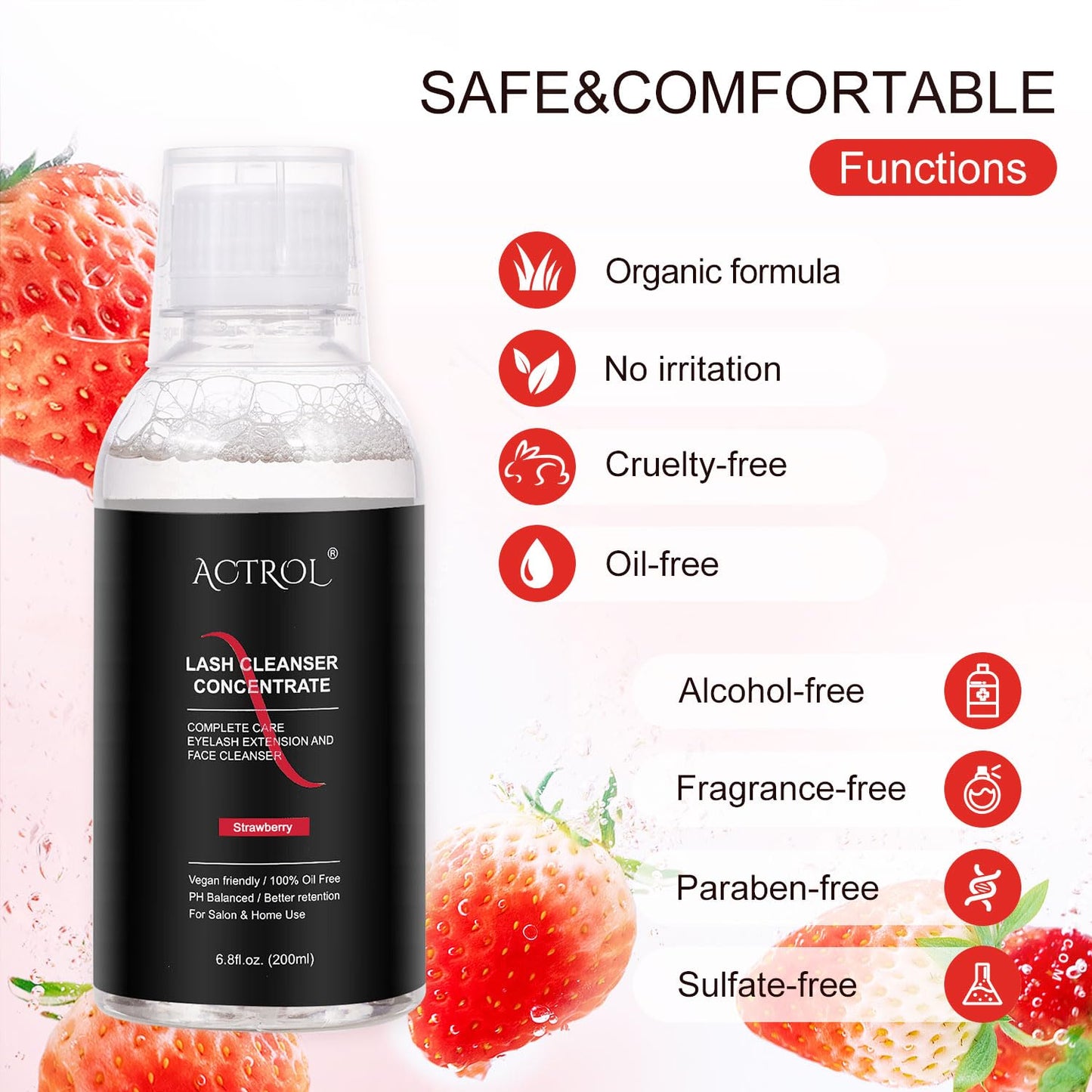 ACTROL Eyelash Cleanser Concentrate 200ml Strawberry Professional Lash Shampoo Foaming Cleanser DIY Non-lrritating Wash for Extensions Lashes with Salon Home Care-Makes 40 Bottles