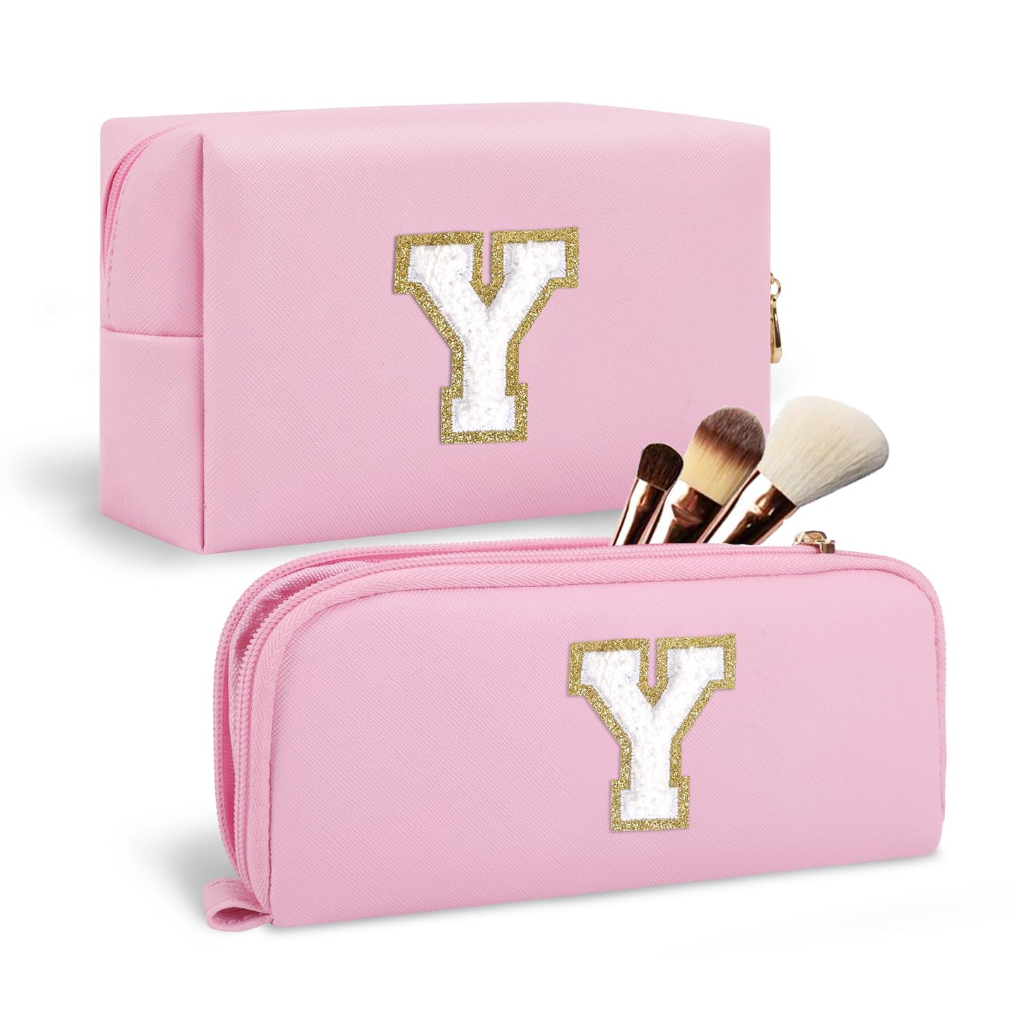 2Pack Personalized Initial Letter Patch Makeup Bag,Pink Preppy Cosmetic Bag with Small Makeup Brush Bag,Cute Waterproof PU Travel Toiletry Pouch,Gift Ideal for Her Birthday Friend Mom Teacher,Letter Y