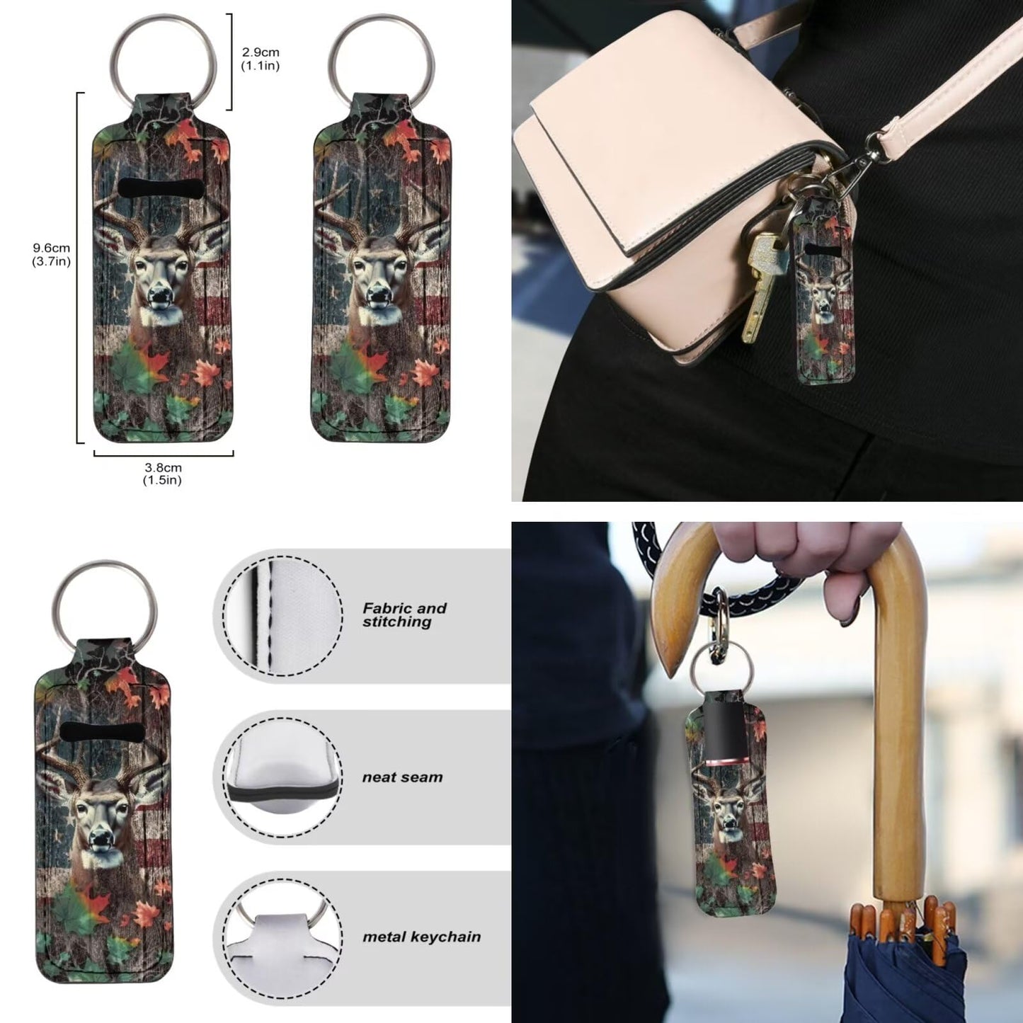 Suobstales Deer Print Chapstick Holder 1 Keychain Wristlet Lanyards 1 Mini Bottle Keychain Holder, Like-Wood American Flag Design Neoprene Travel Bottle Keychain Holders Set of 3