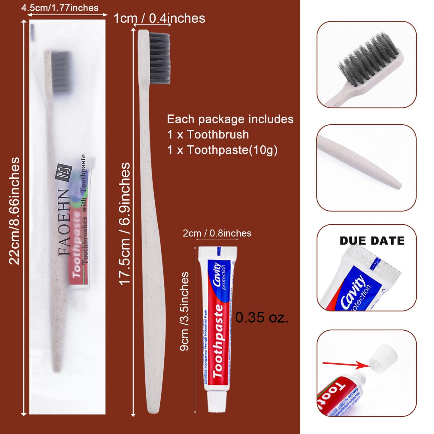 Disposable Toothbrushes with Toothpaste Pack of 10,Straw Apricot Toothbrush in bulk with 10g Toothpaste Individually Wrapped Disposable Travel Toothbrushes Kit for Homeless,Airbnb,Hotel,Charity