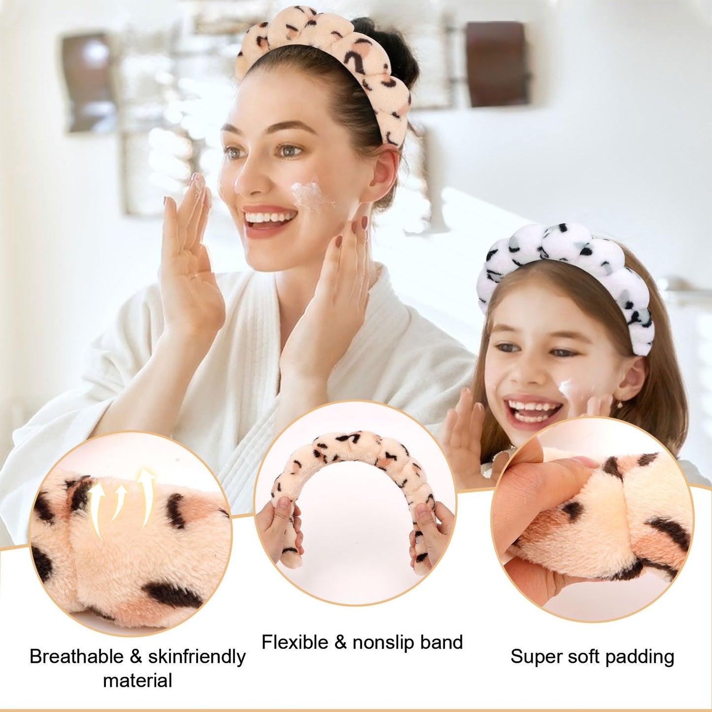 Wecoe 3pcs Skincare Headband For Washing Face Spa Makeup Face Wash Headband Cute Pink Khaki White Cheetah Leopard Printed Puffy Sponge Bubble Headband Hair Accessories For Women Girls Kids Teens Gifts