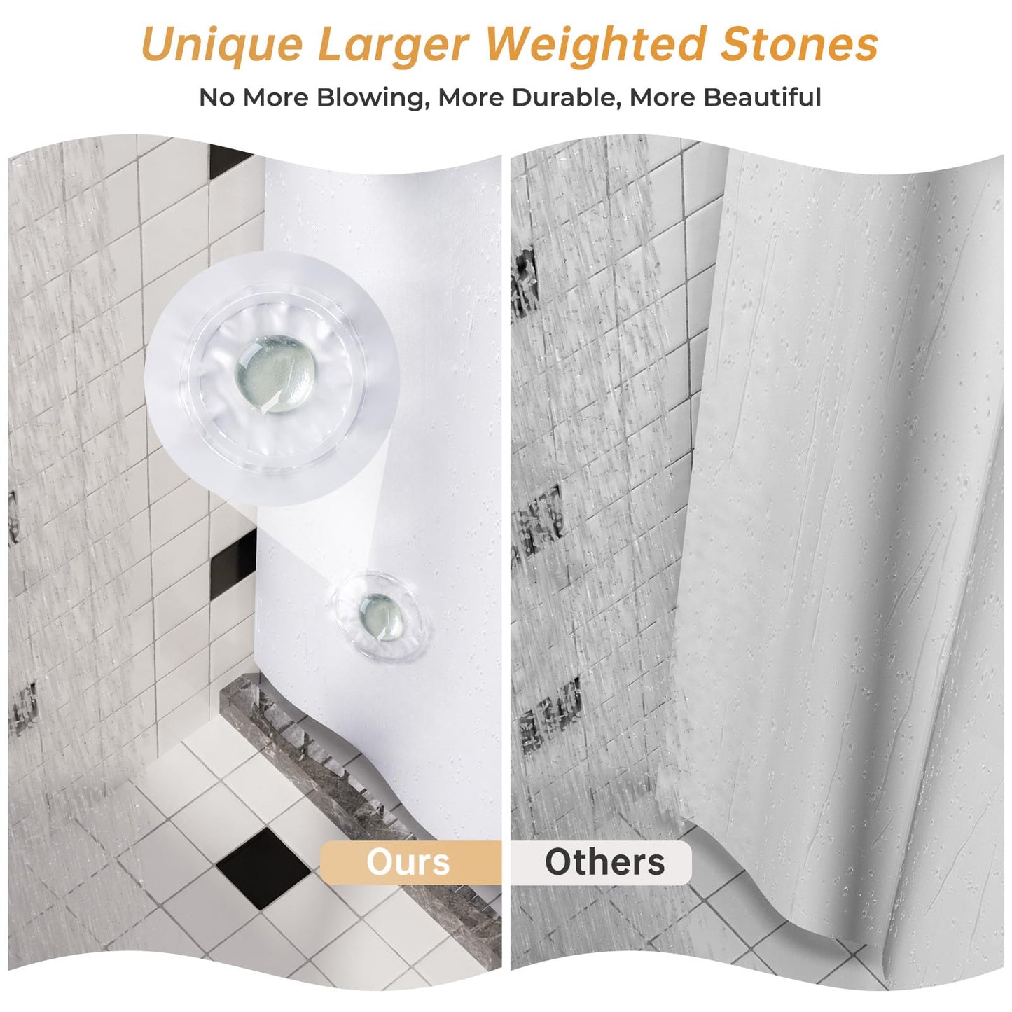 AmazerBath White Shower Curtain Plastic 72x72 Inches, Thick PEVA Shower Curtain Waterproof, Heavy Duty Shower Curtains for Bathroom with 3 Big Clear Weighted Stones and 12 Rustproof Grommets