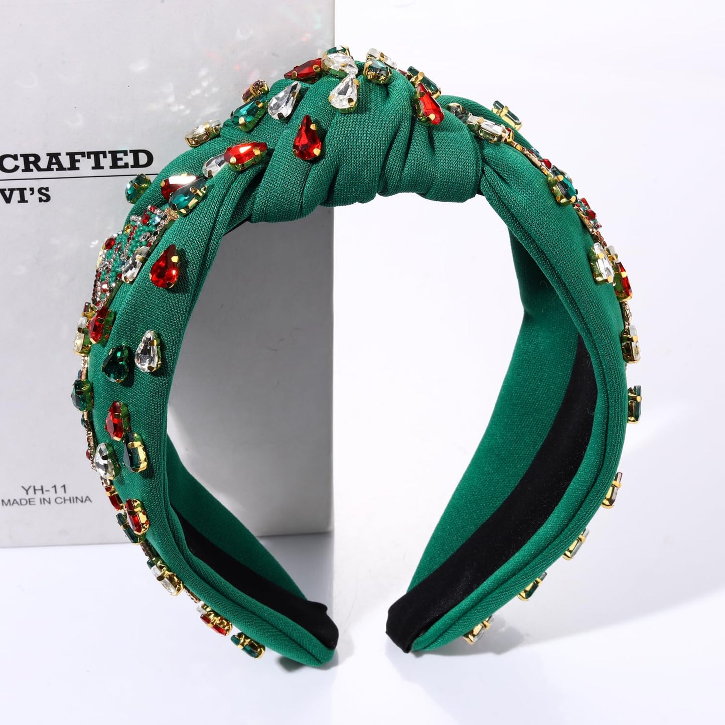 NVENF Christmas Headband for Women Beaded Xmas Tree Headband Jeweled Crystal Pearl Knotted Headbands Wide Top Knot Holiday Headband Christmas Hair Accessories Outfits Gifts (Christmas Tree 3)