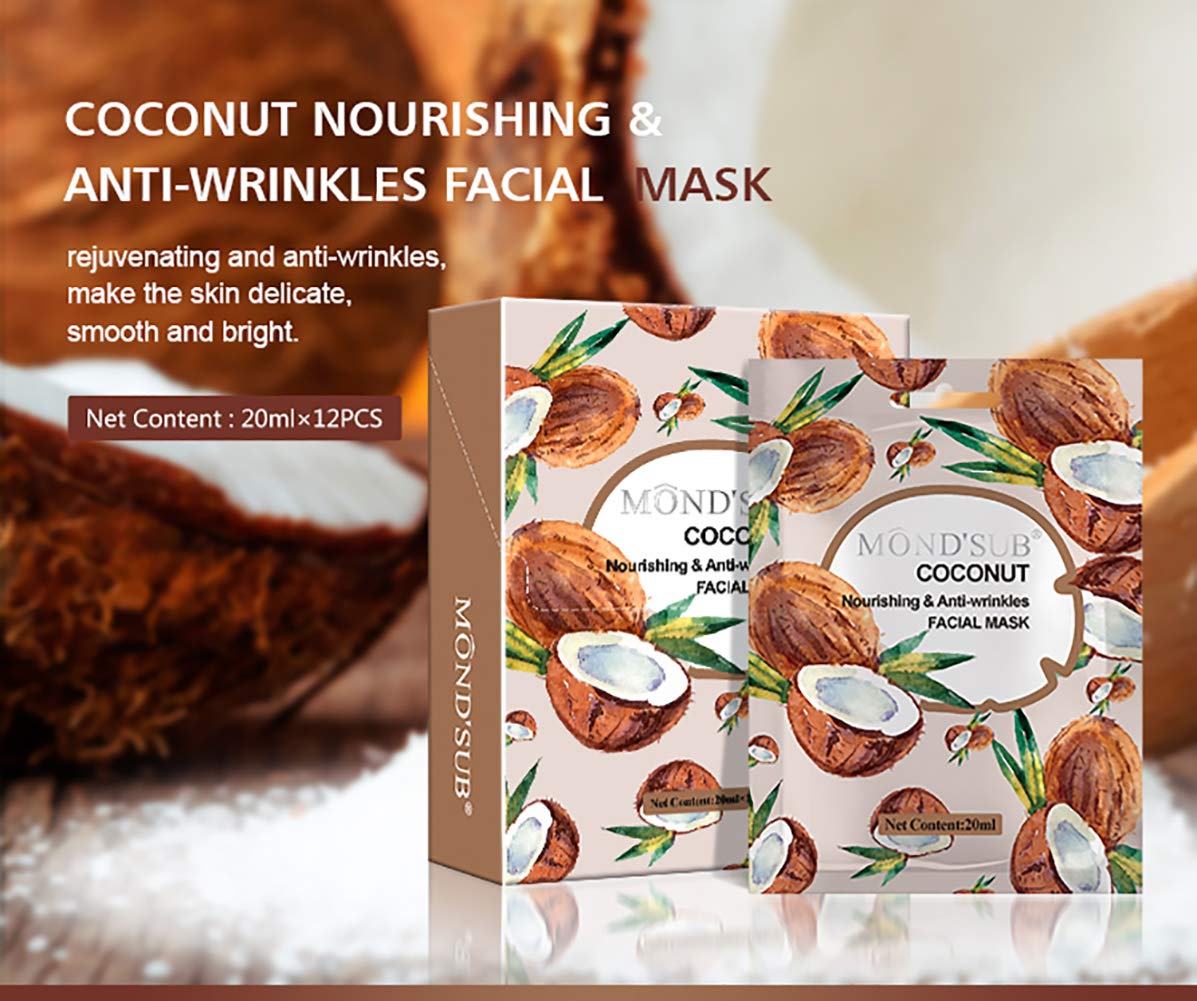 [12 P/Pack]Coconut Oil Facial Mask Sheet|Natural Collagen Essence| Instantly Smooth Your Skin |Beauty Essence Facial Paper Sheet Mask By MOND'SUB