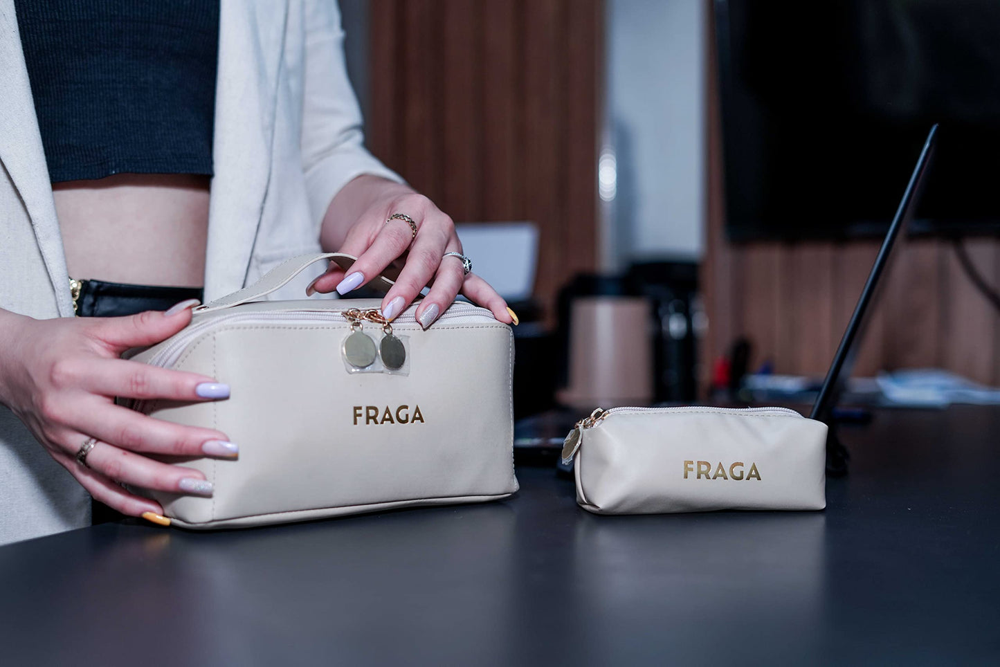 FRAGA 2 in 1 New Model Makeup Bag, Waterproof Cosmetic Bag, with Large Capacity, Skin Care Organizer for Travel, Easy to Clean (Beige)