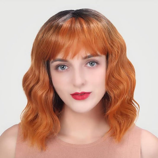 Wigs for Women - Ombre Orange Wig with Bangs for Women, Short Wavy Bob Wig, Colorful Medium Length Wig, Pastel Colored Synthetic Cosplay Wig Costume Wigs, Halloween Wigs…