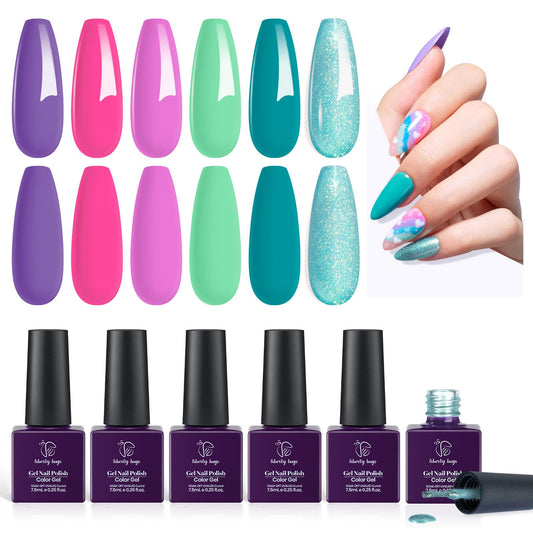 Gel Nail Polish 6Pcs 'Unicorn Dreams' Gel Polish Collection,Baby Blue Pink Purple Mint Green Nail Polish Gel,Mermaid Blue Glitter Gel Polishes,7.5ml Home Salon Nail Gel Polish,UV Light Cured,Soak off