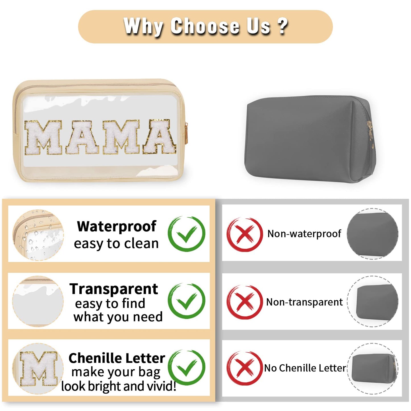 Chenille Letter Clear Makeup Bags Mama Pouch, Preppy Patch Makeup Bag with Zipper, Transparent PVC & Nylon Waterproof Portable Glitter Cosmetic Bag Travel Toiletry Storage for Women Girls(MAMA-Beige)