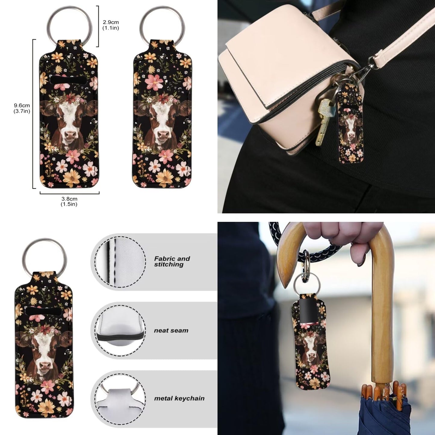 Suobstales Cow Floral Print Chapstick Holder 1 Keychain Wristlet Lanyards 1 Mini Bottle Keychain Holder, Neoprene Travel Bottle Keychain Holders Set of 3