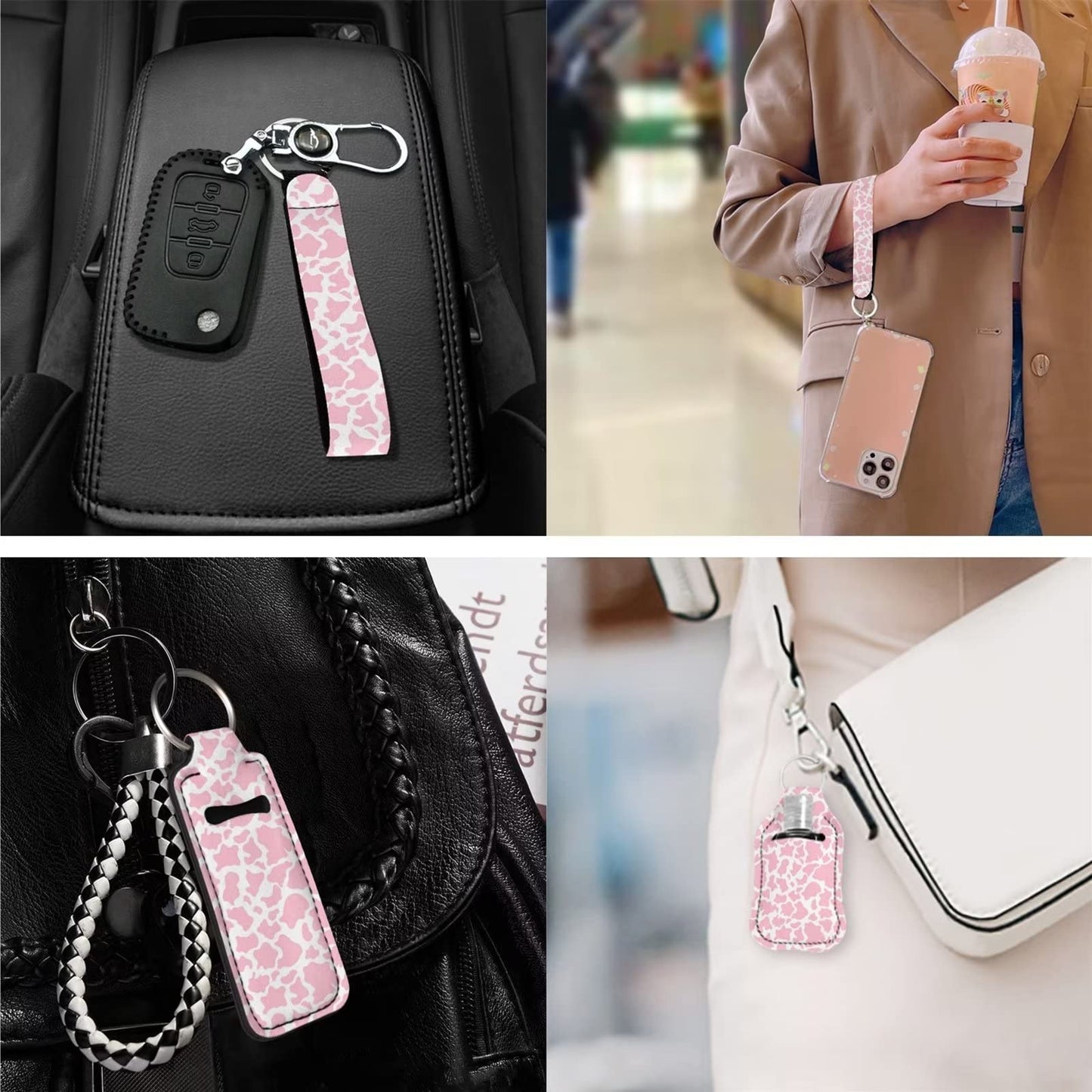 Suobstales 3 Pieces Travel Bottle Keychain Holders Set Cow Print Chapstick Holder Keychain Wristlet Lanyards Pink Travel Makeup Accessories for Women Girls