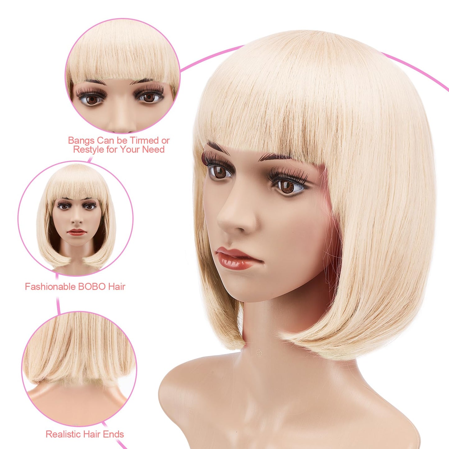 AGPTEK 13 Inches Straight Heat Resistant Short Bob Hair Wigs with Flat Bangs for Women Cosplay Daily Party - Beige White