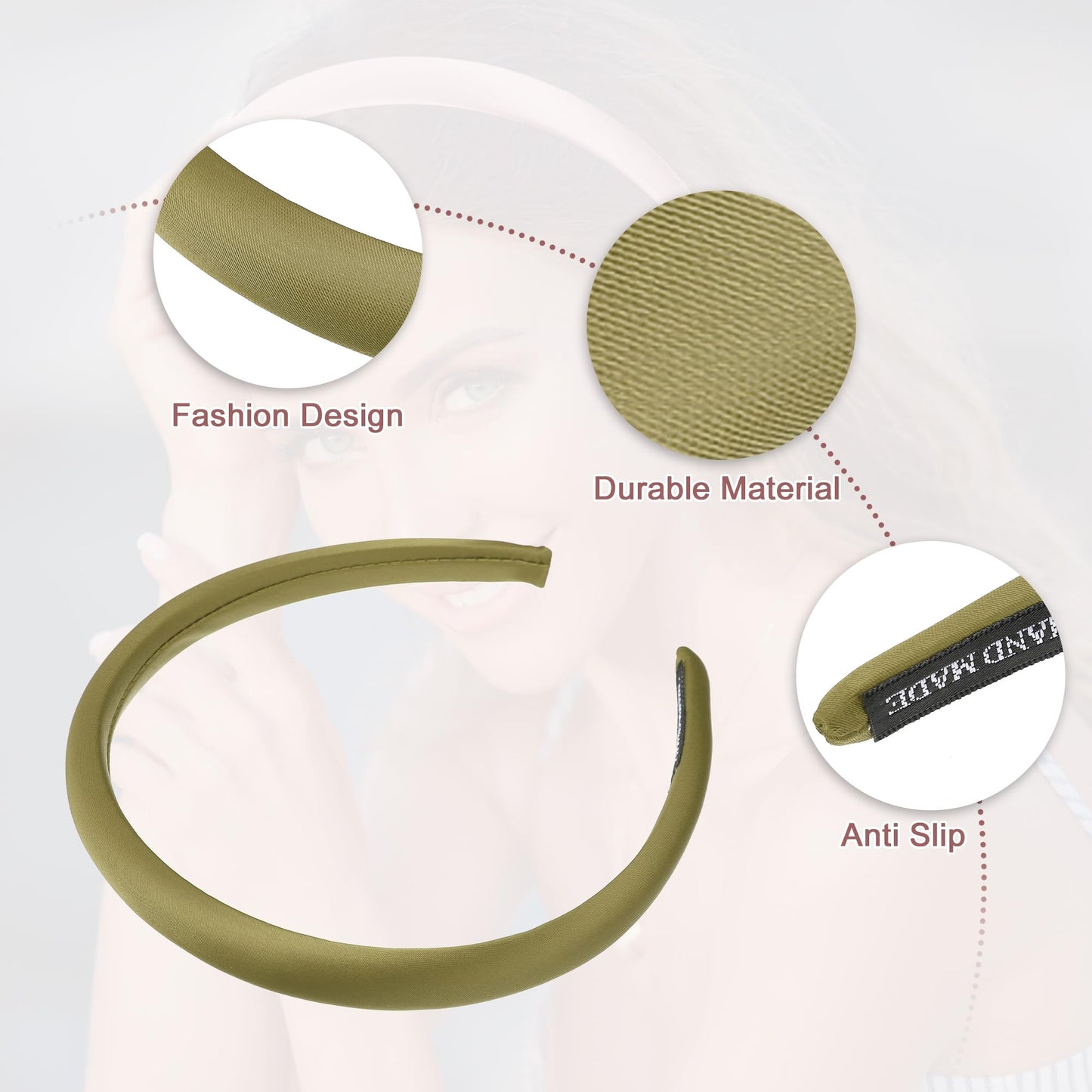 VOCOSTE 2 Pcs Solid Simple Silk Headbands, Fashion Hair Hoop for Women, Anti Slip Hair Accessories, Grey, Green, 0.59" Wide