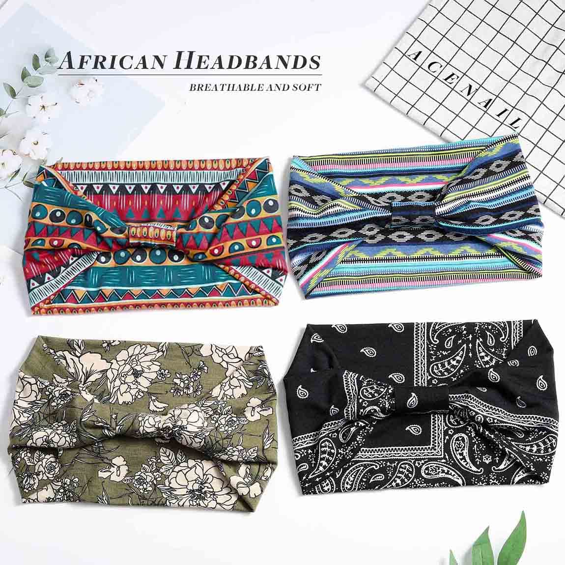 Acenail Wide Headbands Women Turban Knotted Headband Elastic Non Slip Hairbands African Head Bands Cotton Workout Head Wraps Bohemian Head Band Running Sports Hairband Yoga Head Scarfs Boho Hair Accessories for Women and Girls Pack of 4 (#5 Fashion)