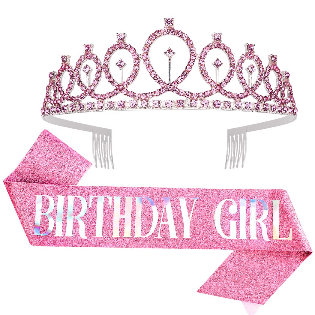 Birthday Crown, Didder Pink Birthday Girl Sash & Rhinestone Tiara Set, Birthday Tiara Birthday Crowns for Women Birthday Sash and Tiaras for Women Girls Birthday Gifts Party Accessories