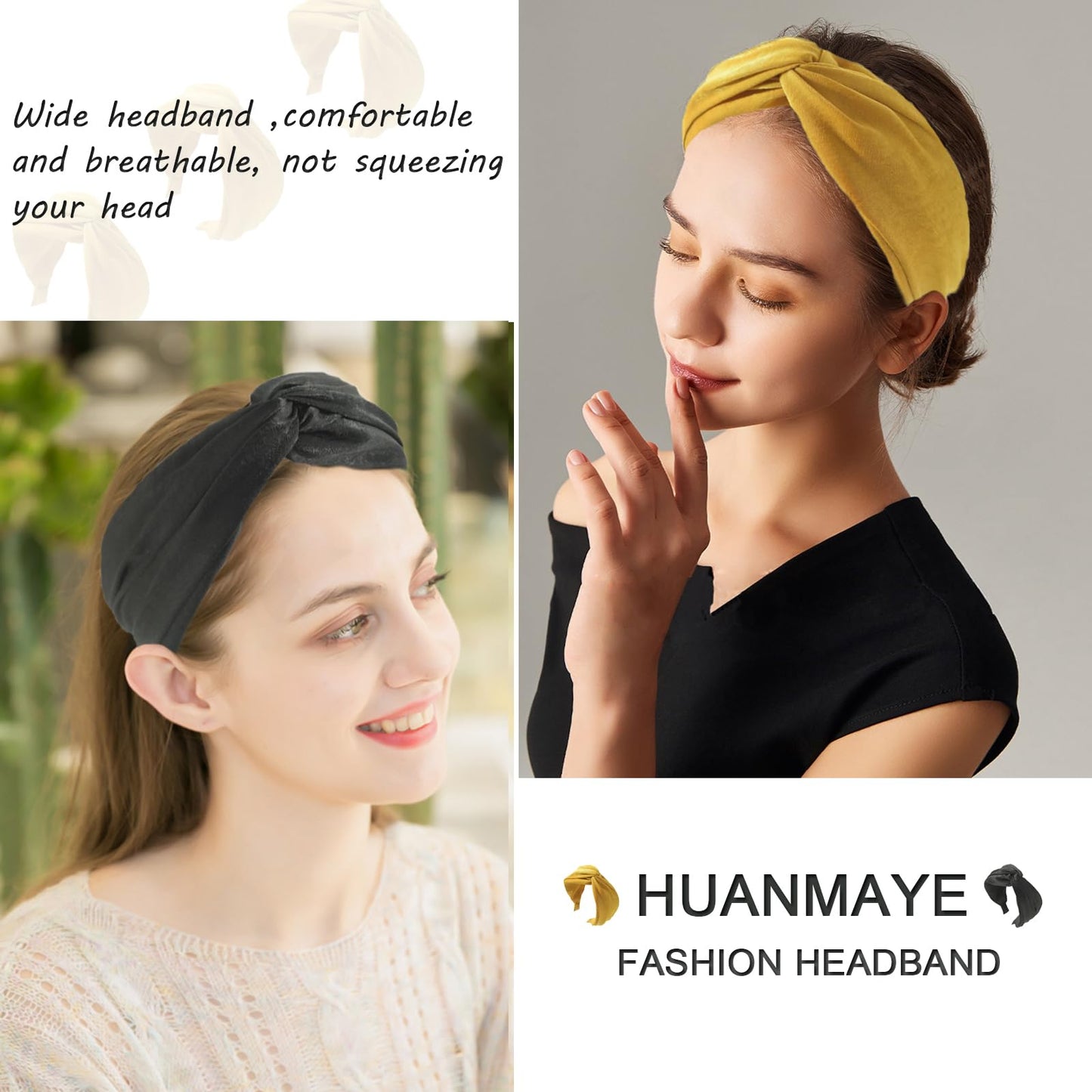 HUANMAYE 6Pcs Wide Headbands for Women Elastic Fabric Hair Bands Fashion No Slip Cashew Design Hair Hoops Knotted Hair Accessories for Girls (Solid)