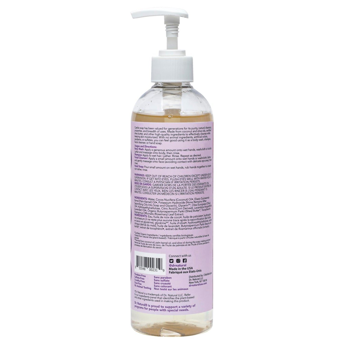 Dr. Natural Castile Liquid Soap, Lavender, 16 oz - Plant-Based - Made with Organic Shea Butter - Rich in Coconut and Olive Oils - Sulfate and Paraben-Free, Cruelty-Free - Multi-Purpose Soap