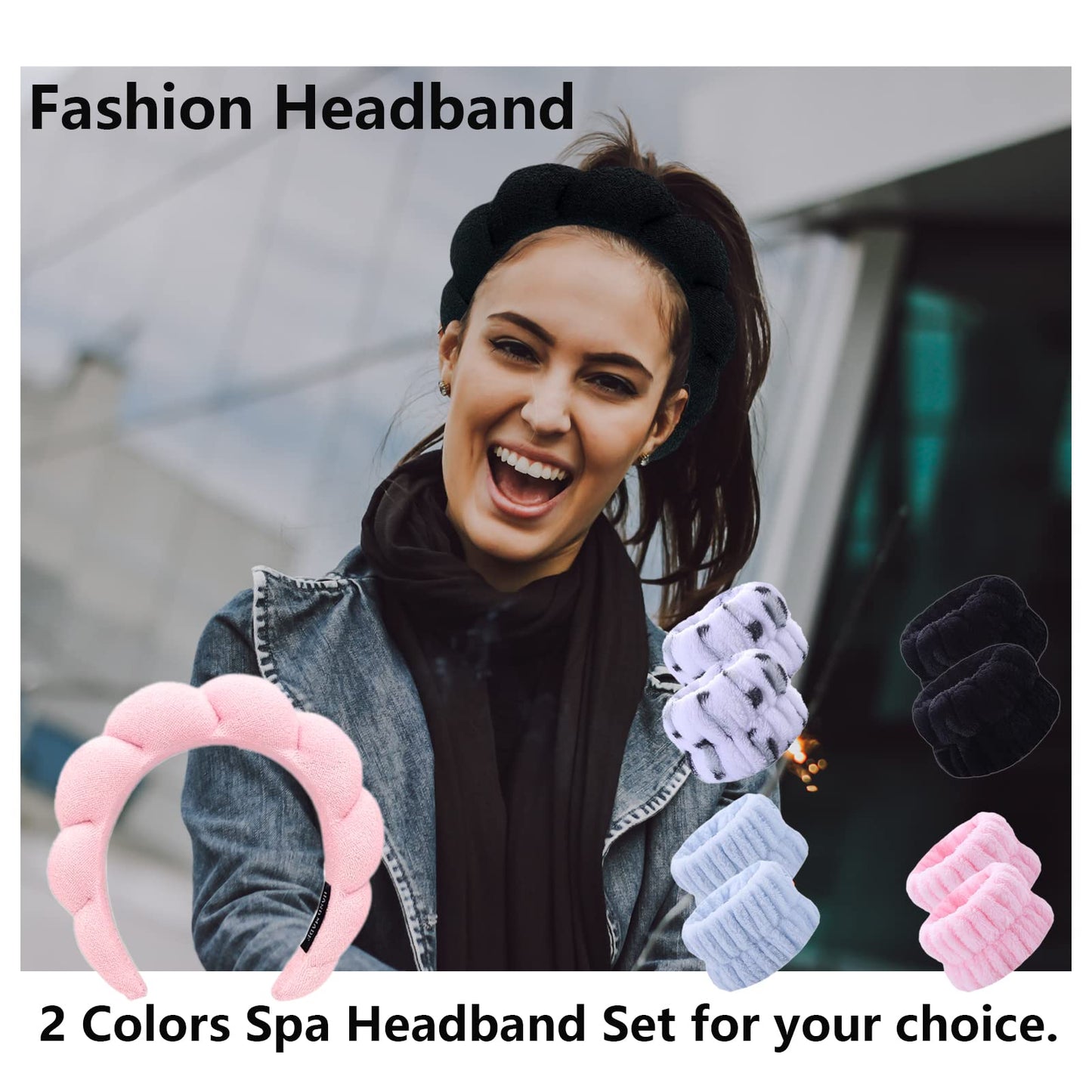 MOODKEY Sponge Spa Headband for Washing Face Women Makeup Headband with 4Pcs Wrist Washbands Hair Band Hair Accessories for Skincare Makeup Removal Yoga Sports Shower