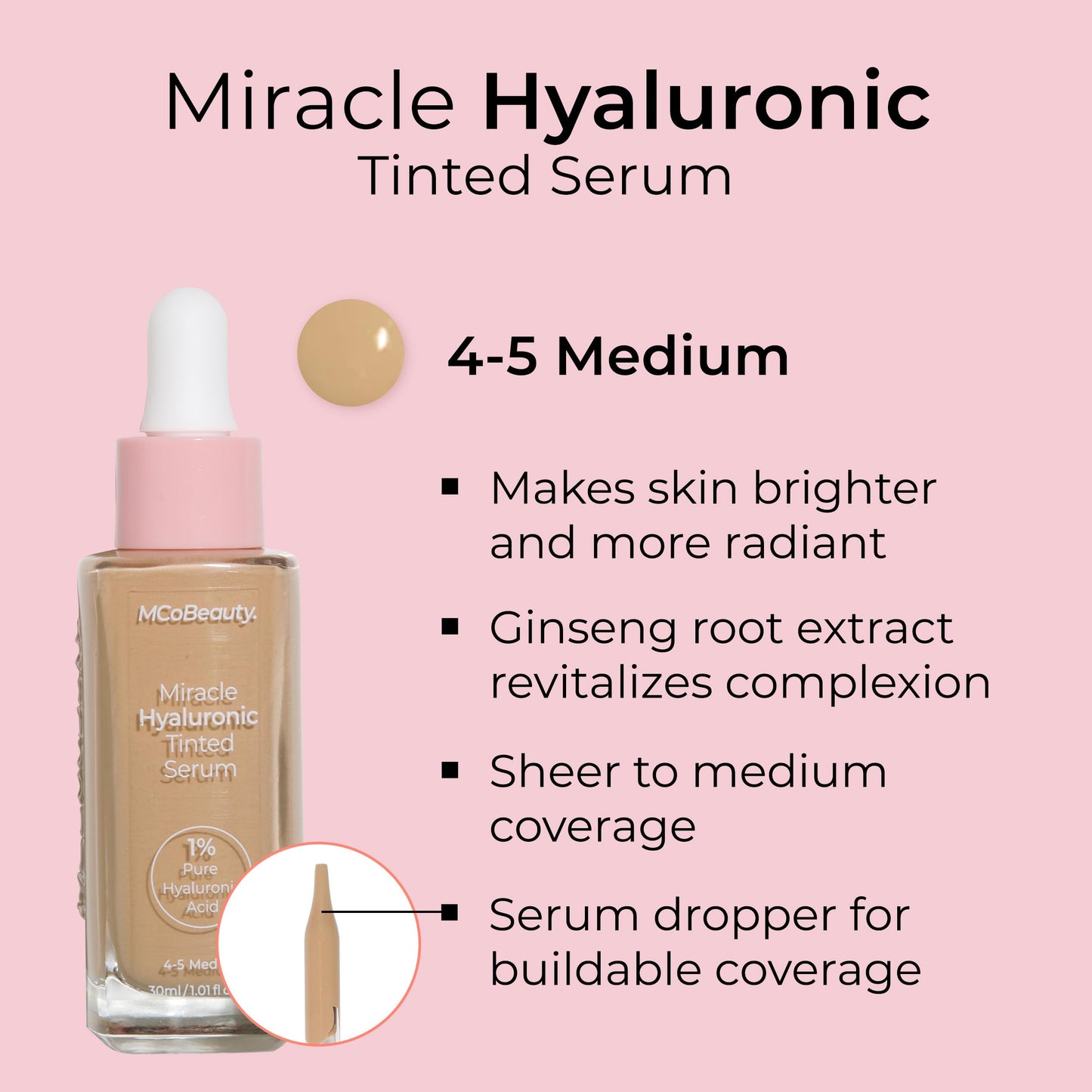 MCoBeauty Miracle Hyaluronic Tinted Serum, 4-5 Medium, Hydration & Glow for Radiant Skin, Vegan, Cruelty Free Cosmetics