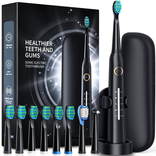 TEETHEORY Electric Toothbrush with Travel Case, Sonic Toothbrush for Adults with 8 Brush Heads for 2-Year Use, 40000 VPM Deep Clean Rechargeable Toothbrushes Last 30 Days with 5 Mode (Grey)