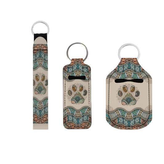 Suobstales 3pcs Travel Bottle Keychain Holders Set Chapstick Holder, Boho Paw Print Keychain Wristlet Lanyards Portable Mini Waist Bag for Liquid Storage