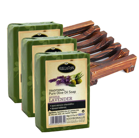 Kalliston, French Lavender Extract Herbal Soap Bar, Greek Extra Virgin Olive Oil, All Natural Aroma, All Skin Types, Crafted in Historic Crete, Greece, Pack of 4