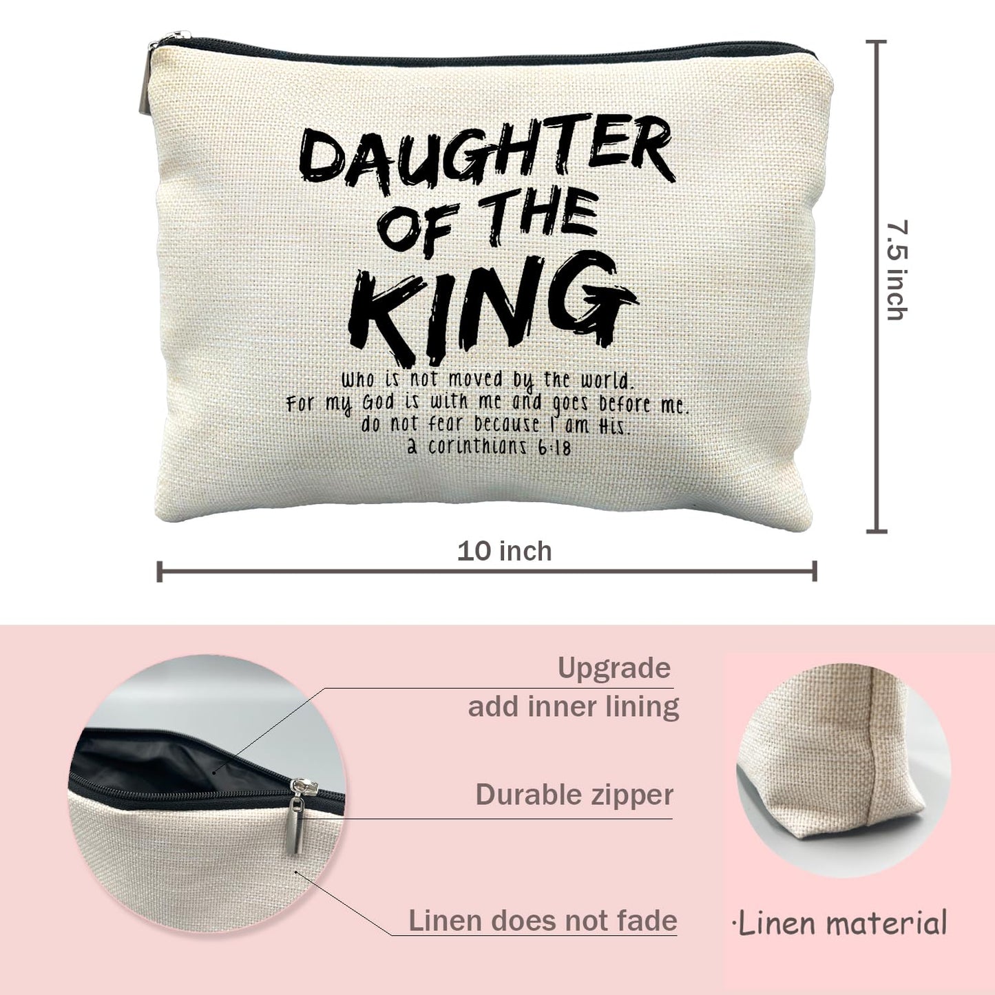 Likjad christian makeup bag Cosmetic Bag, Daughter of the king makeup bag, bible verse makeup bag, christian gifts for women faith, Adult Baptism inspirational gifts for women, corinthions 6 18