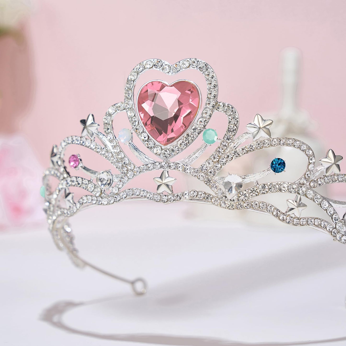 SWEETV Birthday Crowns for Women Girls Birthstone Heart Princess Tiara Silver Wedding Headband for BirthDay Party Photograph, Oct