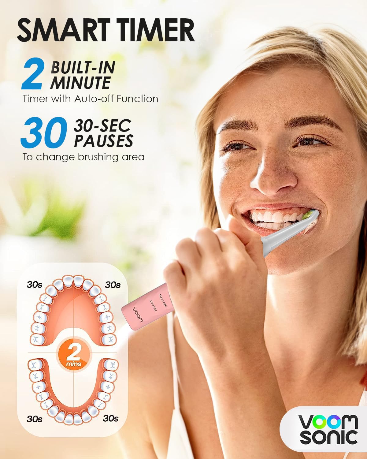 Voom Sonic Pro 3 Rechargeable Electric Battery Powered Toothbrush With Soft Dupont Nylon Bristle Dentist Recommended Portable Oral Care 2-Minute Timer 3 Adjustable Speeds Lightweight Design, Pink