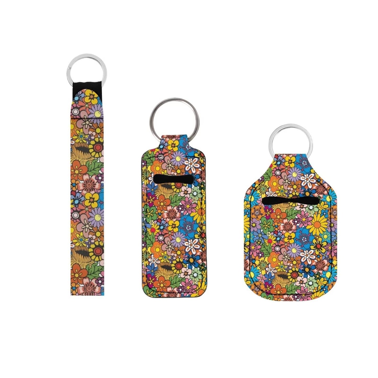 Suobstales Hippie Flower Travel Bottle Holders Chapstick Keychain Set of 3,Colorful Cartoon Floral Lipstick Holder+Hand Sanitizer Keychain Holder+Hand Wrist Lanyard for Women Gifts Portable Pouch