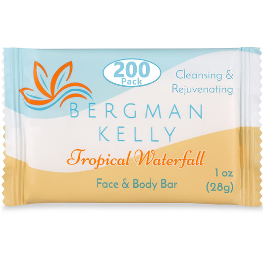 BERGMAN KELLY - Hotel Soap Bars - Tropical Waterfall, 1 oz, 200 PK - Travel Size Luxury Bulk Amenities Bar Soap - Mini Individually Wrapped Rectangular Soap, Small Toiletries for Airbnb & Motel