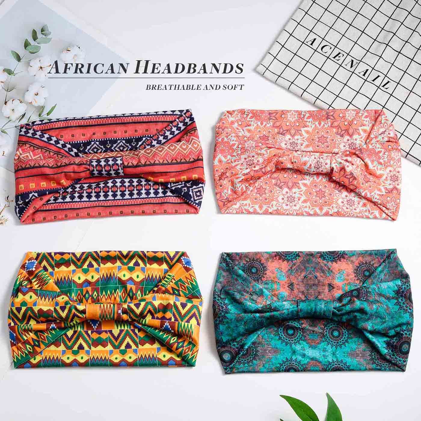 Acenail Wide Headbands Women Turban Knotted Headband Elastic Non Slip Hairbands African Head Bands Cotton Workout Head Wraps Bohemian Head Band Running Sports Hairband Yoga Head Scarfs Boho Hair Accessories for Women and Girls Pack of 4 (#4 Chic)