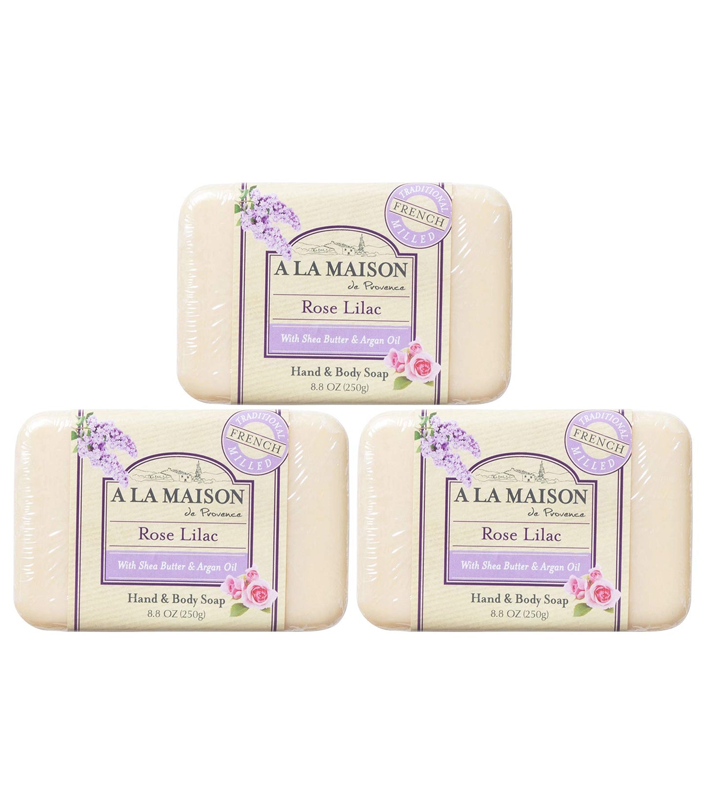 A LA MAISON Rose Lilac Bar Soap - Uses: Hand and Body, Triple Milled, Essential Oils, Biodegradable, Plant Based, Vegan, Cruelty-Free, Alcohol & Paraben Free (3 Bar of Soap, 8.8 oz)