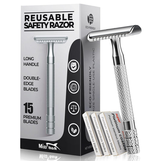 Safety Razor for Men with 15 Stainless Steel Double Edge Blades, Long Handle Men’s Single Blade Razors for Shaving, Imported Upgraded Blades Reduce Razor Burns, Silver