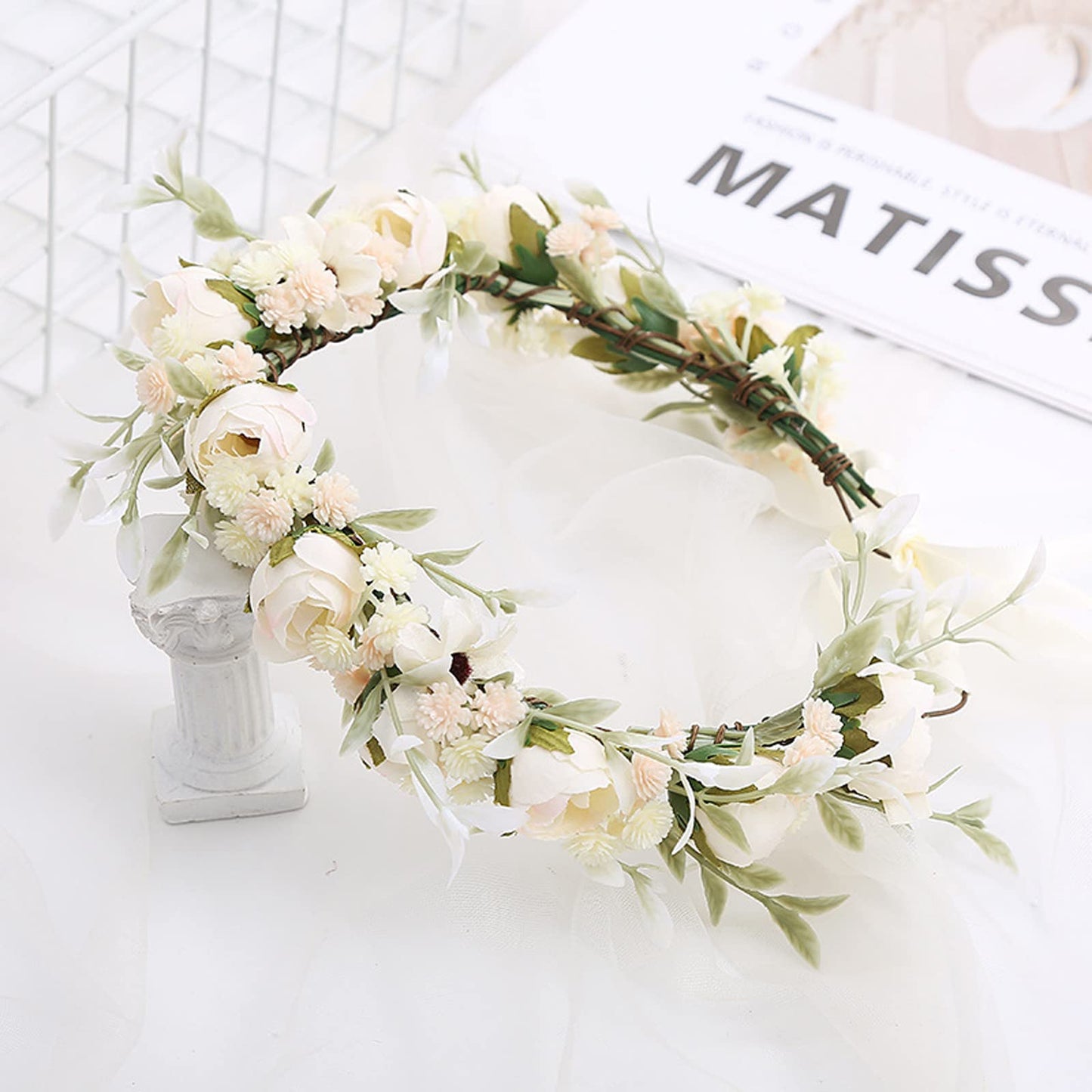 Lopsity Women Rose Floral Flower Crown Headband Rose Halo Wreath Wedding Bridal Hair Garland Ajustable Flower Hair Wreath (style2-white)