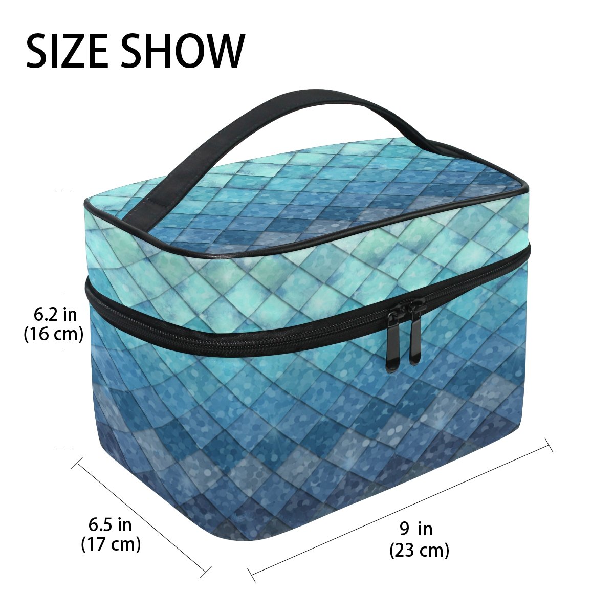 ZOEO Makeup Train Case Royal Blue Mermaid Scales Geometric Rhombus Korean Carrying Portable Zip Travel Cosmetic Brush Bag Organizer Large for Girls Women