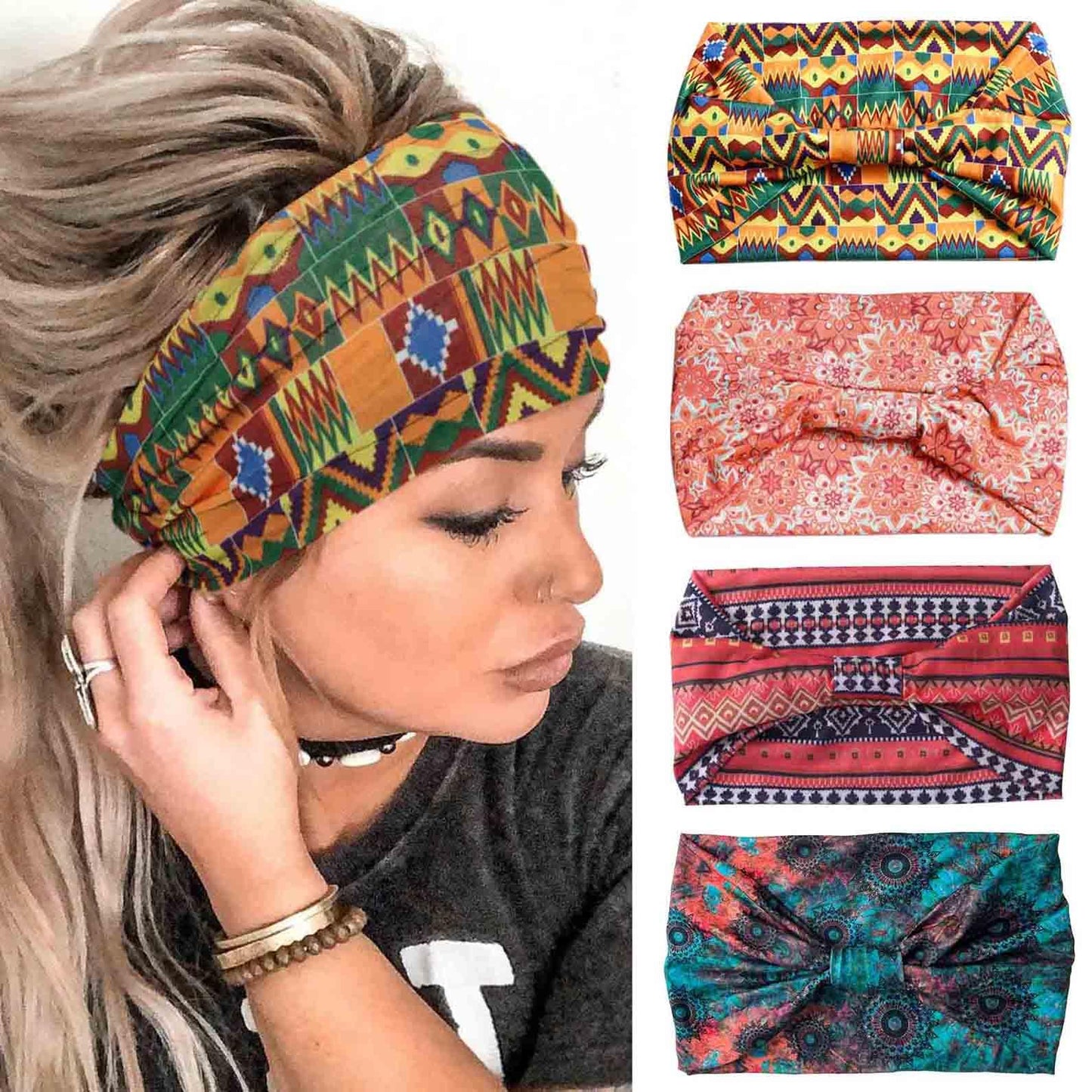 Acenail Wide Headbands Women Turban Knotted Headband Elastic Non Slip Hairbands African Head Bands Cotton Workout Head Wraps Bohemian Head Band Running Sports Hairband Yoga Head Scarfs Boho Hair Accessories for Women and Girls Pack of 4 (#4 Chic)