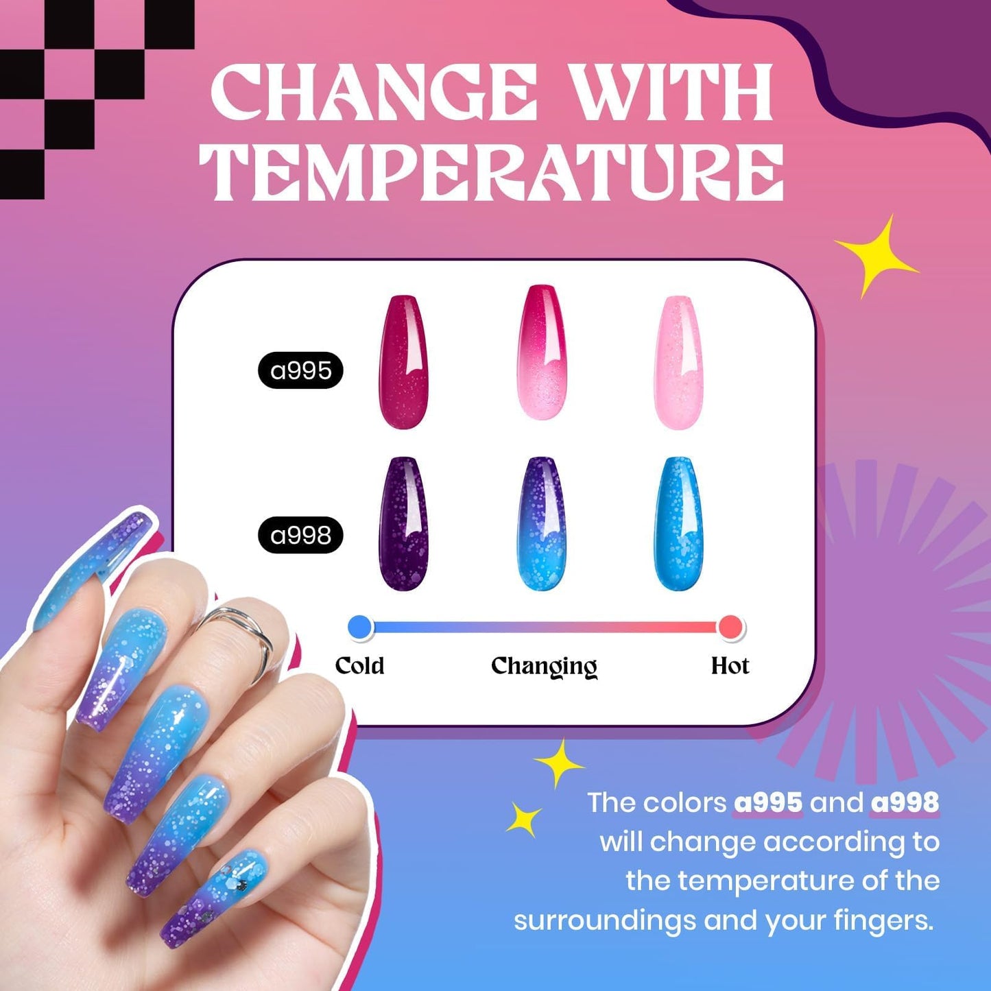 Color Changing Gel Nail Polish Set, 6 Pcs Pink,Blue,Purple - Includes 2 Temperature Changing Colors, 2 Solid, 2 Glitter Gel Polishes, Long-Lasting Soak off,UV Light Cure,Nail Art Kit for DIY Manicure