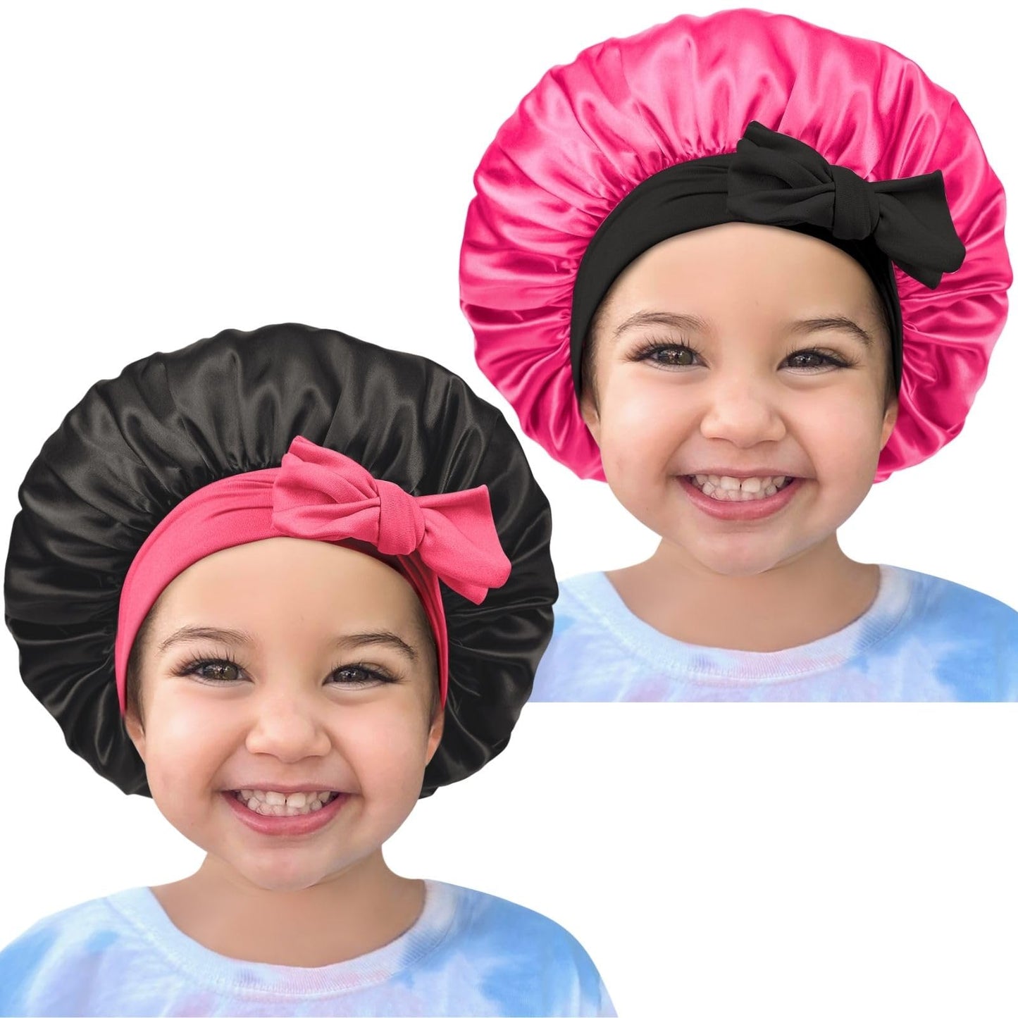 Satin Bonnet Silk Hair Cap: 2pcs Kids Bonnets with Adjustable Tie Band for Baby Toddler Sleeping Hair Bonnets Sleep Comfortable No Slip-Off (Black & HotPink)