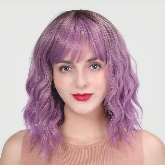 Wigs for Women - Ombre Purple Wig with Bangs for Women, Short Wavy Bob Wig, Colorful Medium Length Wig, Pastel Colored Cosplay Wig Synthetic Costume Wigs, Halloween Wigs……