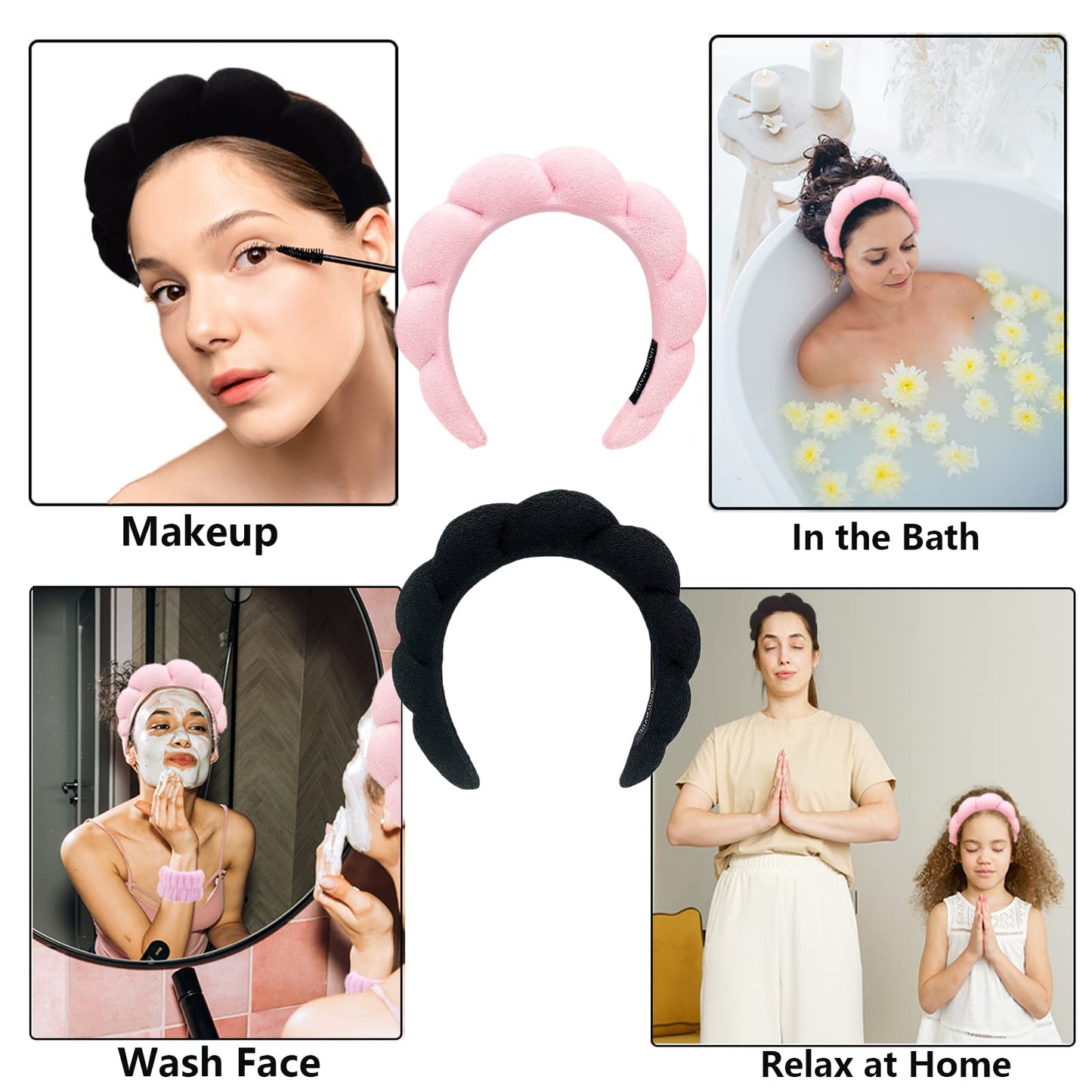 MOODKEY Sponge Spa Headband for Washing Face Women Makeup Headband with 4Pcs Wrist Washbands Hair Band Hair Accessories for Skincare Makeup Removal Yoga Sports Shower