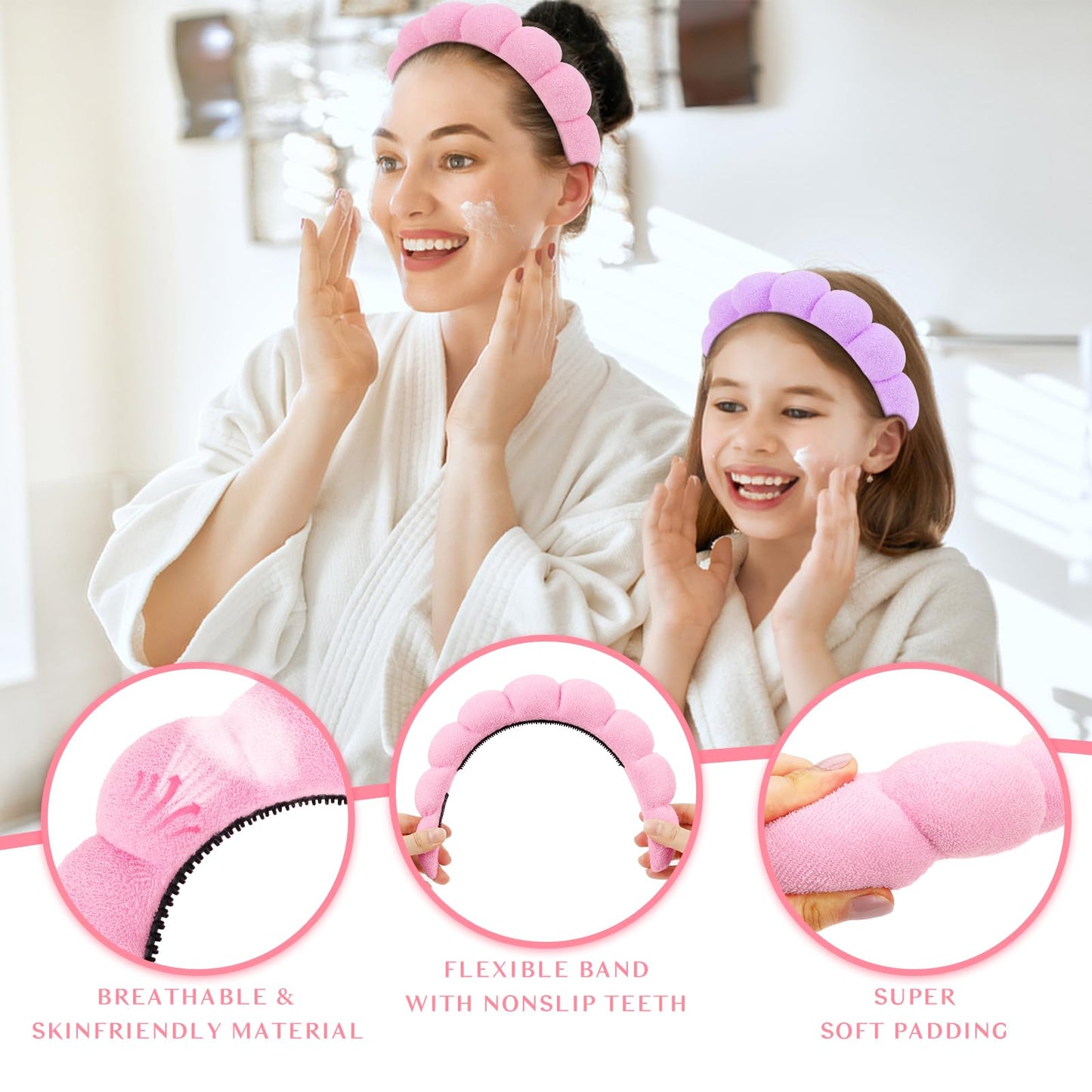 Wecoe 3pcs Skincare Headband For Washing Face Spa Headband with Teeth Makeup Face Wash Headband Cute Pink Purple Blue Puffy Sponge Bubble Headband Hair Accessories For Women Girls Kids Teens Gifts