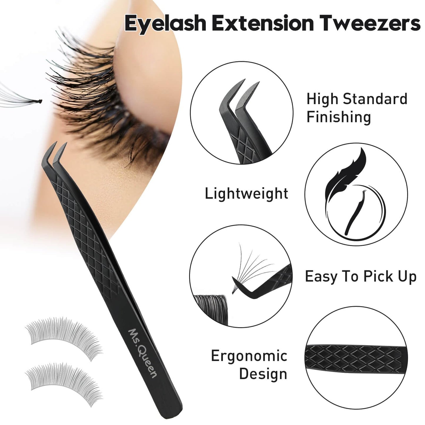 Ms.Queen Tweezers for Eyelash Extensions, Professional Microfiber Tip Boot Tweezers for Mega Volume Lash Extensions,Black