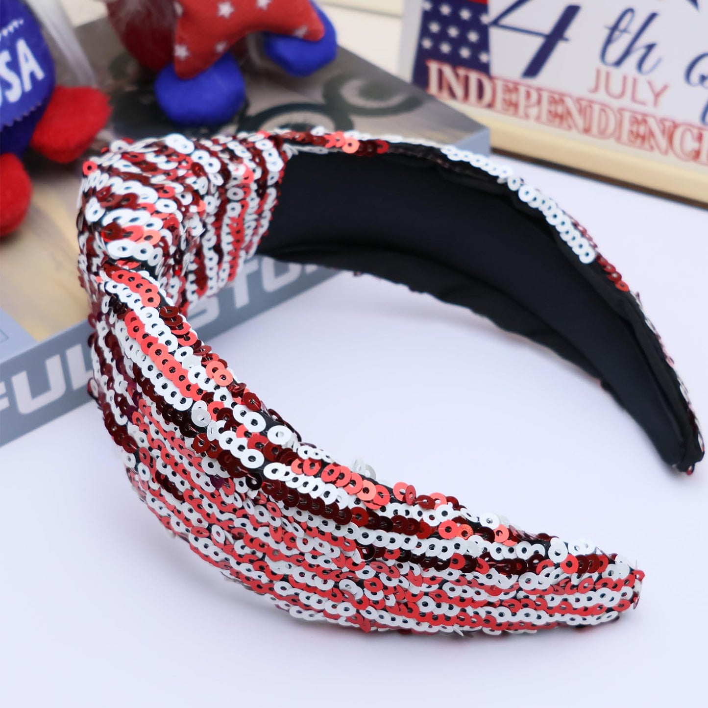 VHWMHEAD 4th of July Headbands - 4th of July Sequin Knotted Headbands for Women Girls Red White Hairband Sparkly Wide Hair Bands Glitter Headband Patriotic Hair Accessories