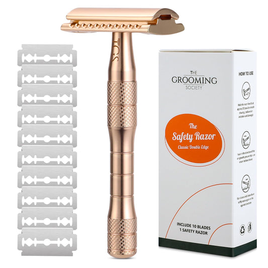 THE GROOMING SOCIETY Safety Razor with 10 Double Edge Blades Refills, Single Blade Razor, Zero Waste Reusable Razor for Men Women, Smooth Closed Shave - Gold