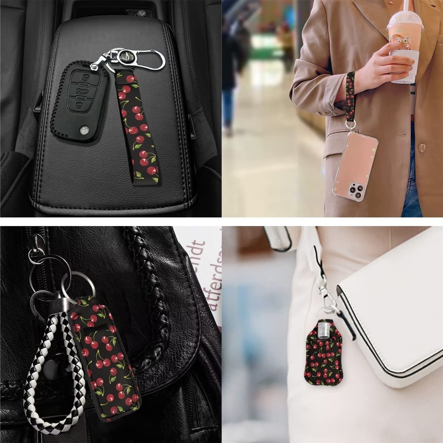 Suobstales 1 Cute Cherry Chapstick Holder 1 Keychain Wristlet Lanyards 1 Mini Bottle Keychain Holder,Neoprene Travel Bottle Keychain Holders Set of 3