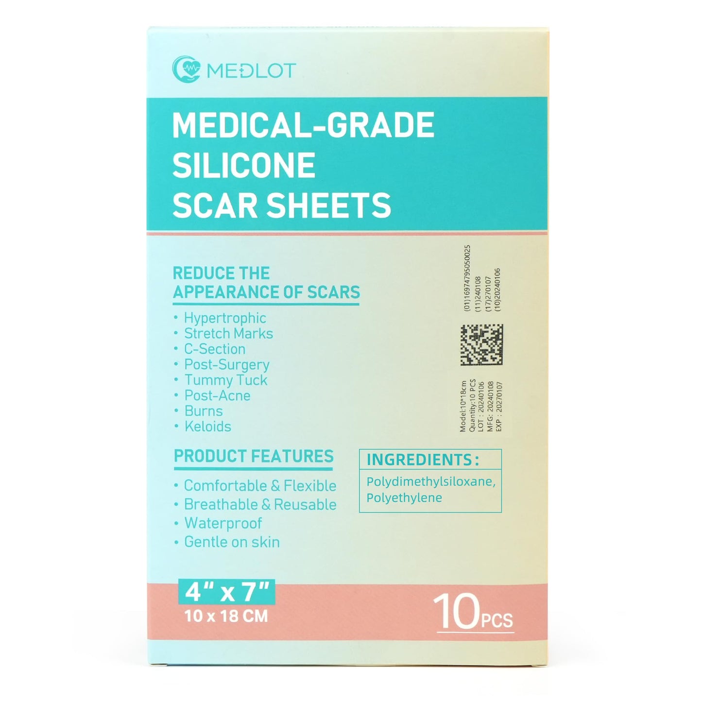 MEDLOT Silicone Scar Sheets, Large 10Pcs 4” x 7” Each, Medical Silicone Tape for Scar Treatment, Scar Patches for C-Section, Keloid Bump, Stretch Marks, Burn, Acne, Surgical Scar Removal