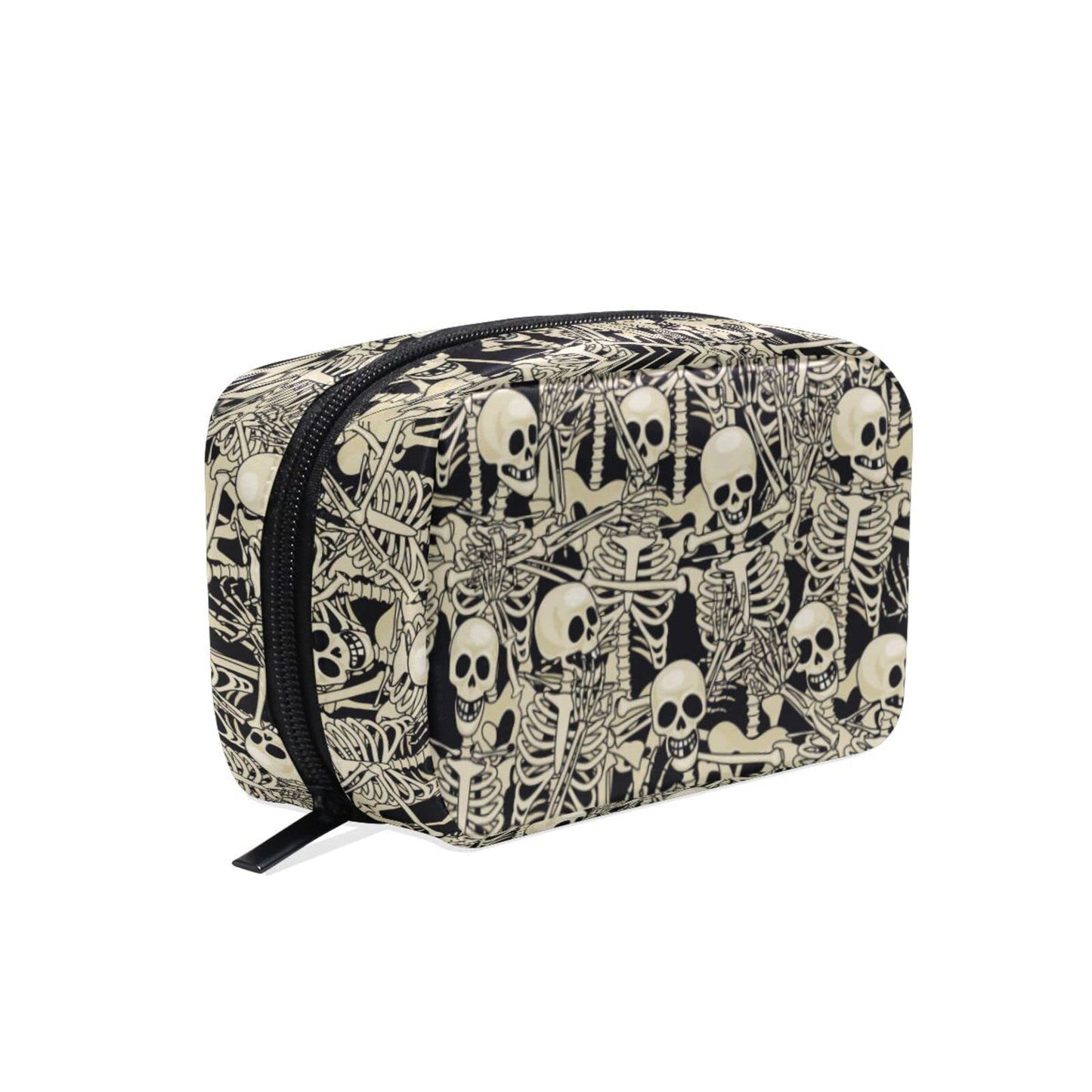 JHKKU Fun Skull Makeup Bag Portable Square Cosmetic Bag Black Zipper Storage Bag for Women Travel Toiletry Bag