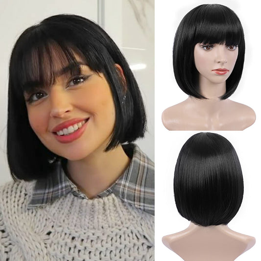 MOSINA Black Bob Wig - Short Black Straight Bob Wigs with Bangs for Women, Colorful Short Hair Wig, Cute Synthetic Wig for Cosplay, Daily, Halloween (12inch)…