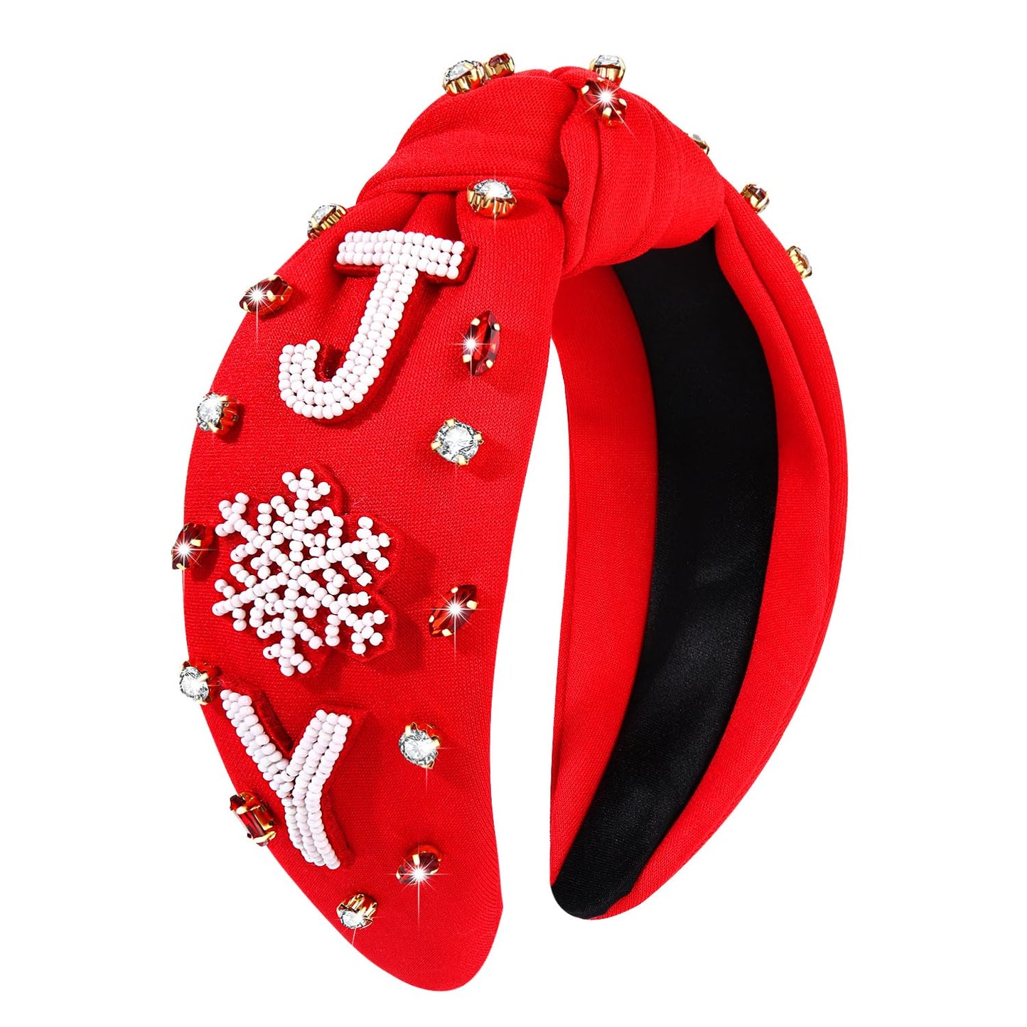 Christmas Headband for Women Jeweled Xmas Beaded JOY Headband Embellished Crystal Pearl Knotted Headbands Wide Top Knot Holiday Headband Christmas Hair Accessories Holiday Outfits Gifts (JOY Red)